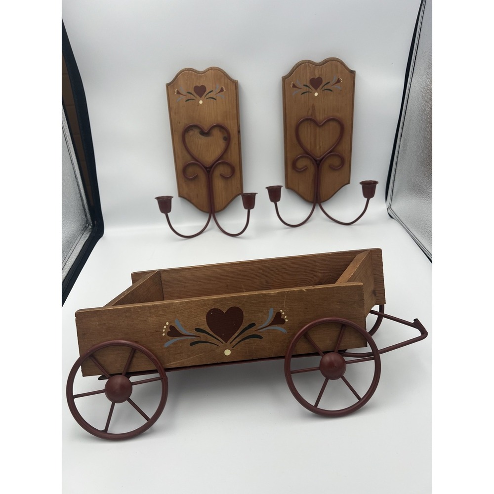 VTG HOMCO Wooden Wall Sconce & Western Wagon Decor Hearts Americana Country